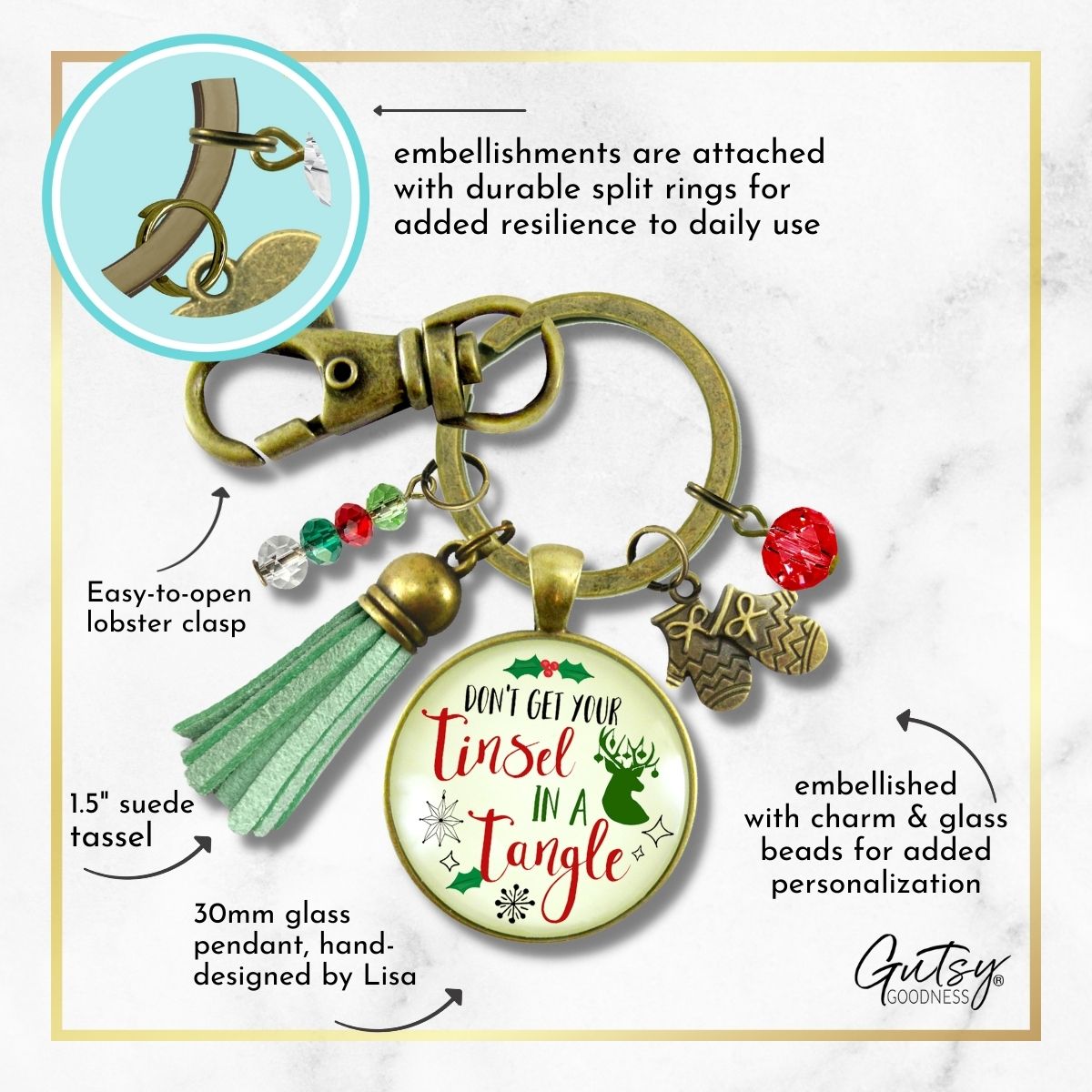 Christmas Keychain Don't Get Your Tinsel Tangle Charm Pendant Handmade Fun Holiday Gift Stocking Charm Tassel   - Gutsy Goodness Handmade Jewelry