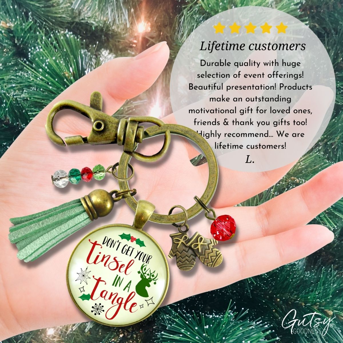 Christmas Keychain Don't Get Your Tinsel Tangle Charm Pendant Handmade Fun Holiday Gift Stocking Charm Tassel   - Gutsy Goodness Handmade Jewelry