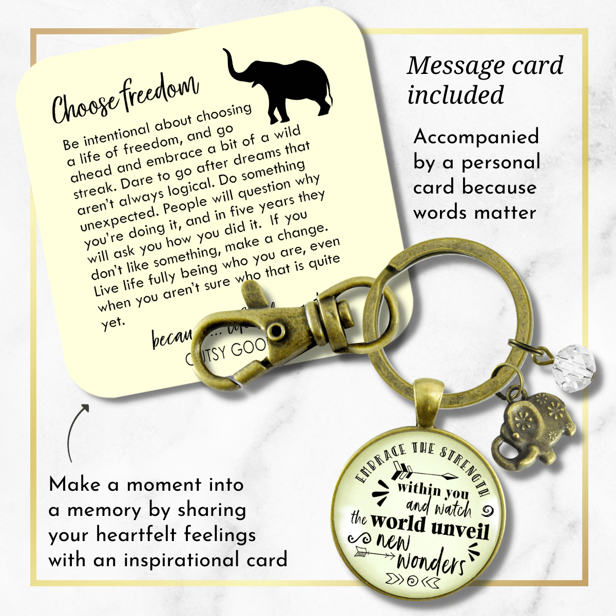 Elephant Keychain Embrace Strength Within You Empower Boho Jewelry Mantra Pendant - Gutsy Goodness Handmade Jewelry;Elephant Keychain Embrace Strength Within You Empower Boho Jewelry Mantra Pendant - Gutsy Goodness Handmade Jewelry Gifts