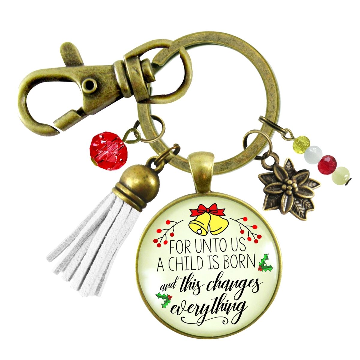 Christmas Jewelry For Women For Unto Us a Child Is Born Charm Keychain Faith Nativity Handmade Pendant   - Gutsy Goodness Handmade Jewelry