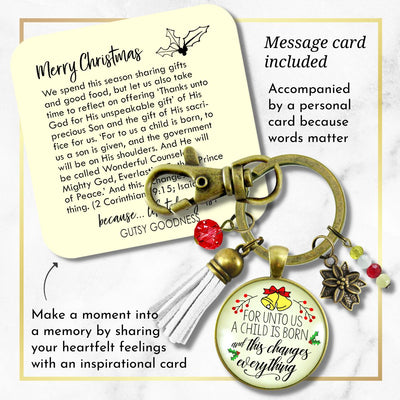 Christmas Jewelry For Women For Unto Us a Child Is Born Charm Keychain Faith Nativity Handmade Pendant   - Gutsy Goodness Handmade Jewelry