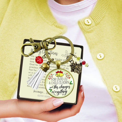 Christmas Jewelry For Women For Unto Us a Child Is Born Charm Keychain Faith Nativity Handmade Pendant   - Gutsy Goodness Handmade Jewelry
