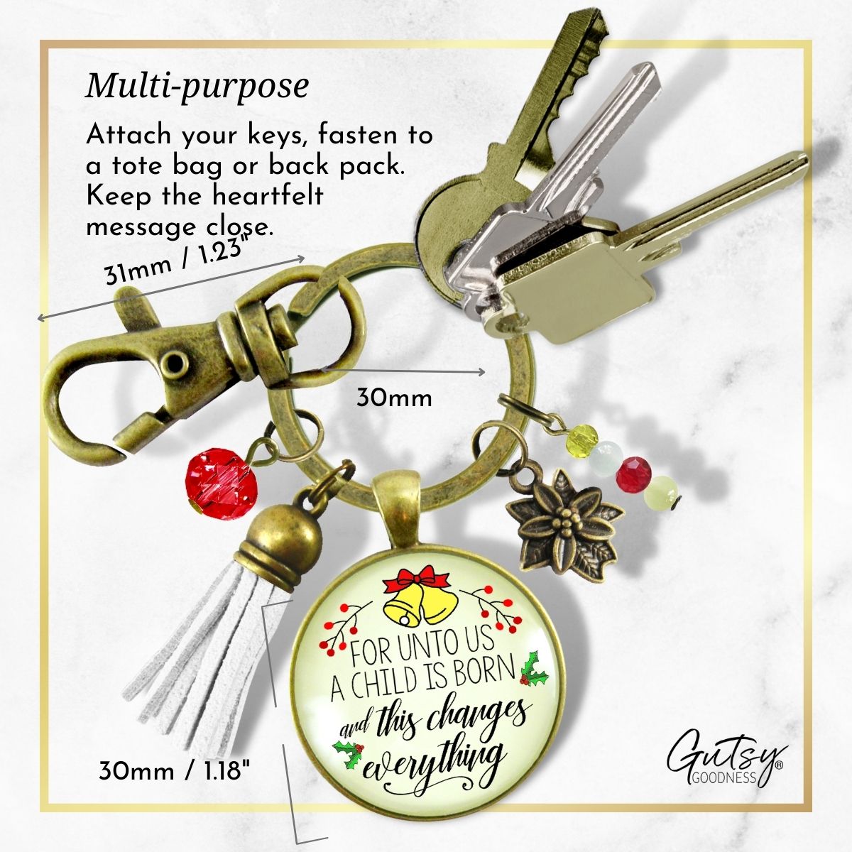 Christmas Jewelry For Women For Unto Us a Child Is Born Charm Keychain Faith Nativity Handmade Pendant   - Gutsy Goodness Handmade Jewelry