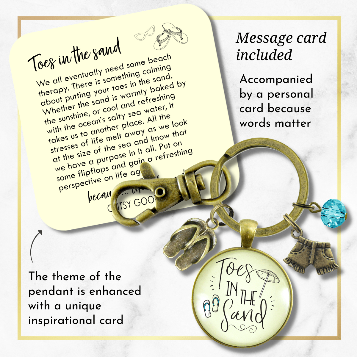 Toes in the Sand Summertime Keychain Ocean Beach Nautical Inspired Quote Flip Flop Jewelry - Gutsy Goodness