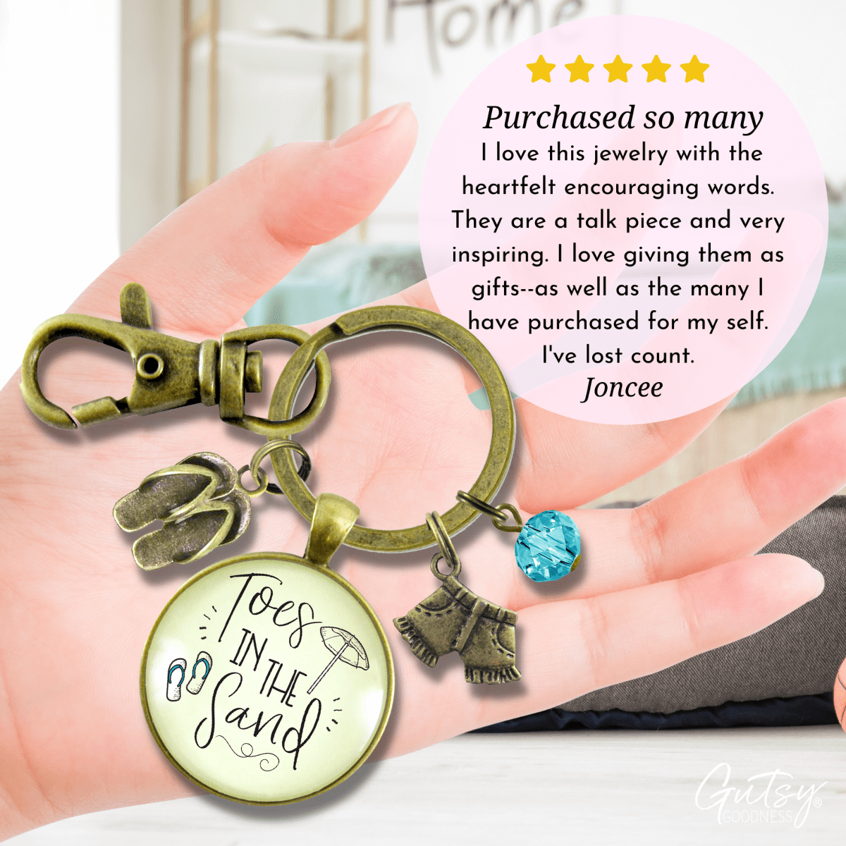 Toes in the Sand Summertime Keychain Ocean Beach Nautical Inspired Quote Flip Flop Jewelry - Gutsy Goodness