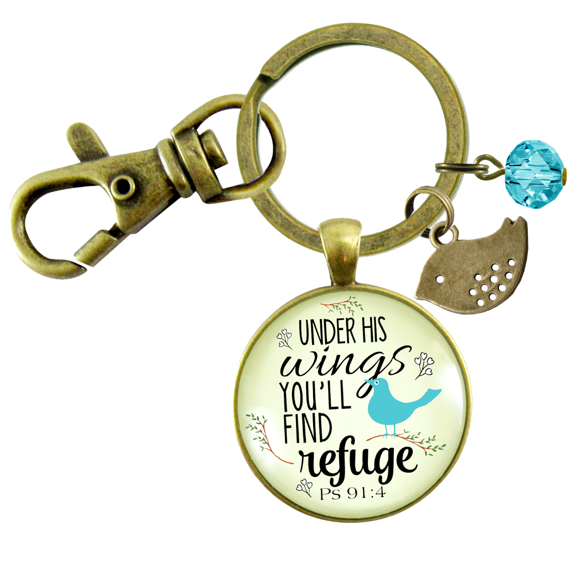 Bible Quote Keychain Under His Wings Refuge Psalm 91 Promise Jewelry - Gutsy Goodness