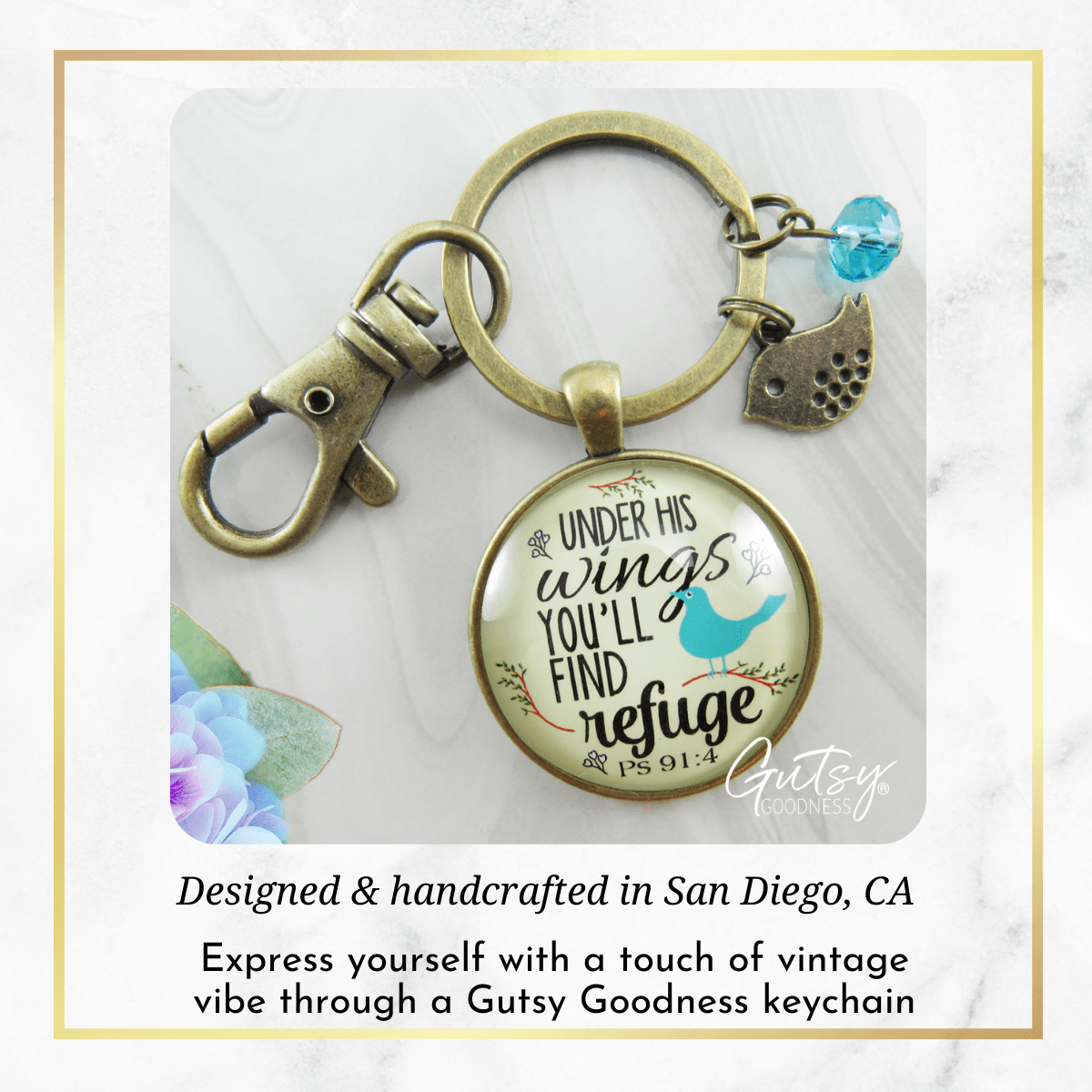 Bible Quote Keychain Under His Wings Refuge Psalm 91 Promise Jewelry - Gutsy Goodness