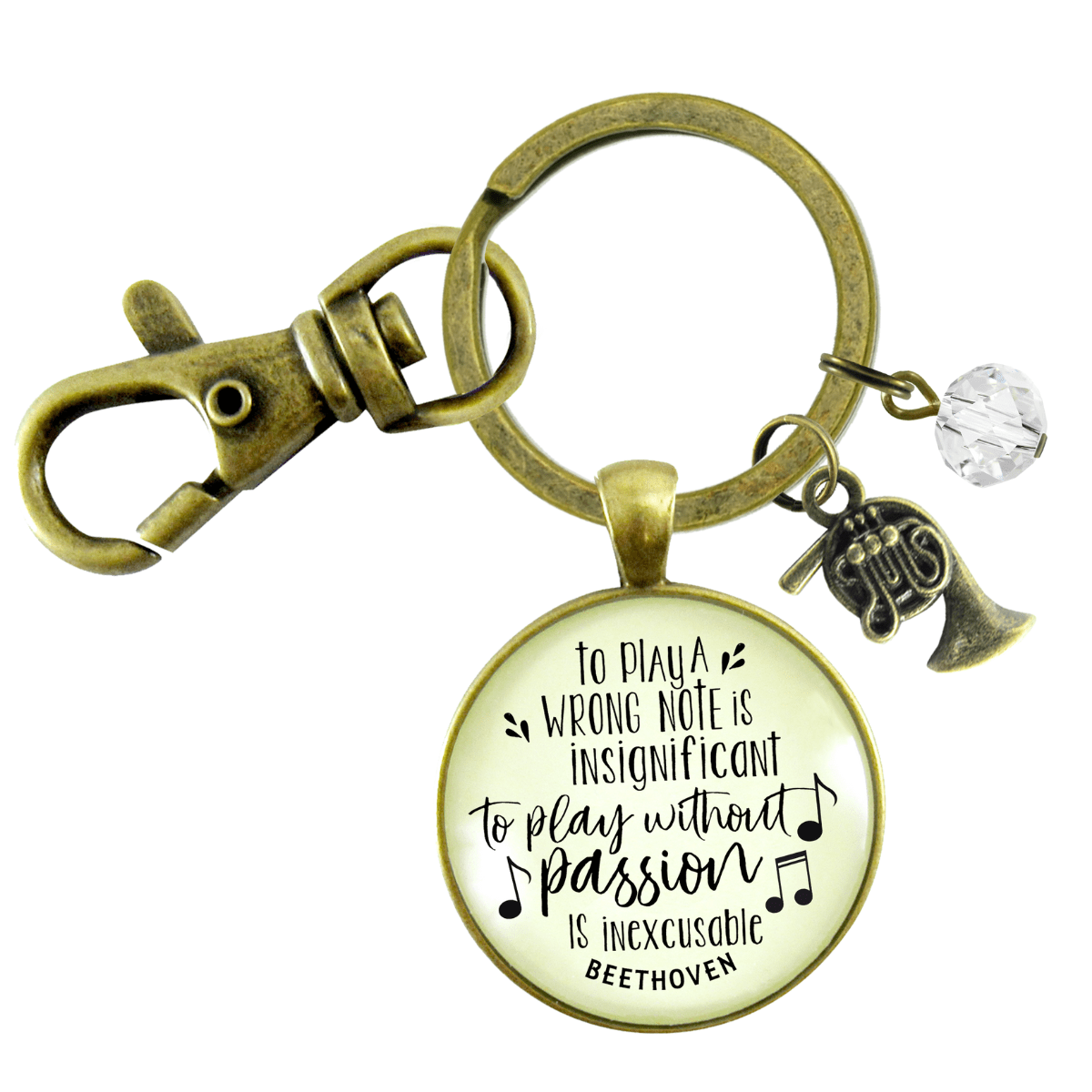 French Horn Keychain To Play A Wrong Note Is Insignificant Beethoven Quote Music Teacher Jewelry - Gutsy Goodness