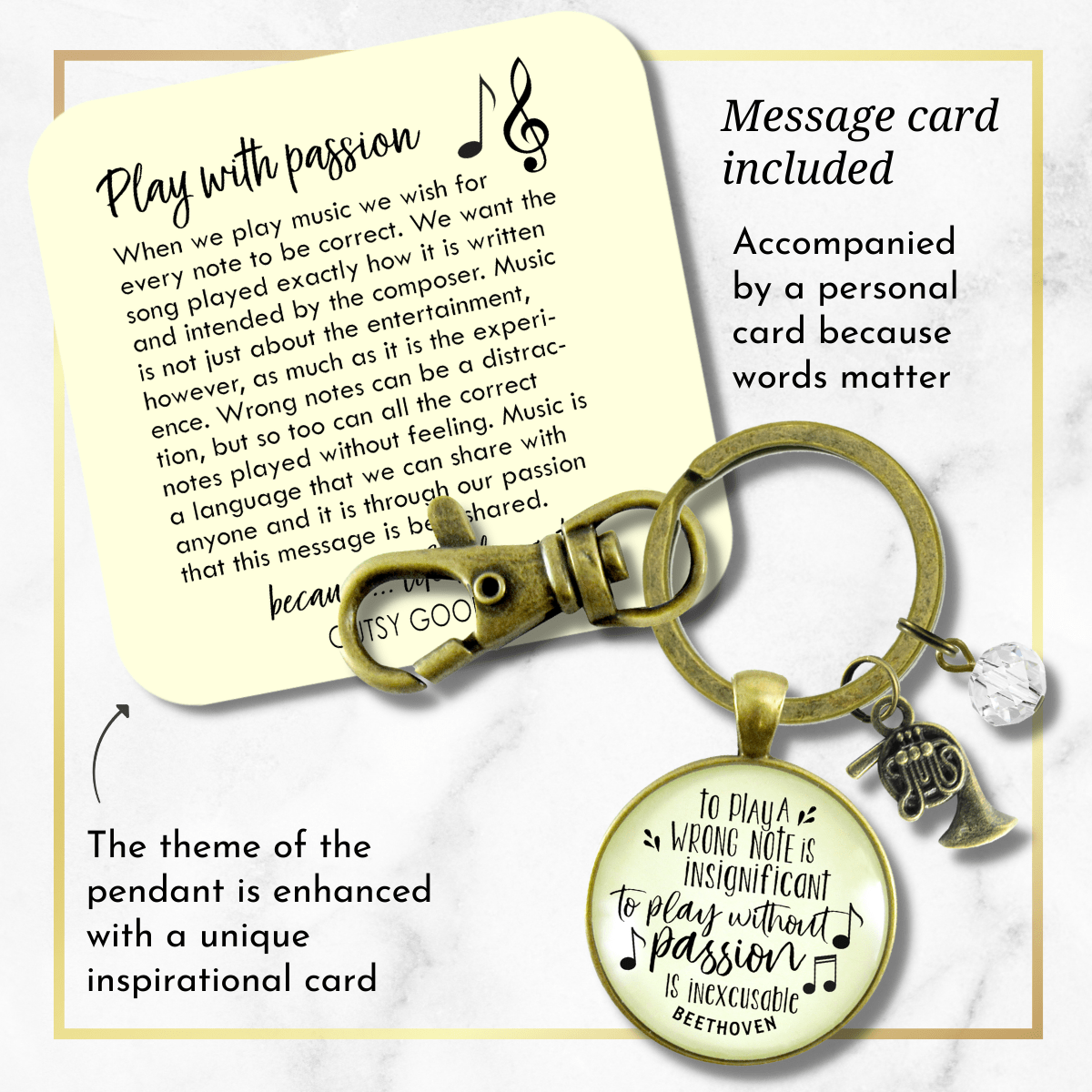 French Horn Keychain To Play A Wrong Note Is Insignificant Beethoven Quote Music Teacher Jewelry - Gutsy Goodness