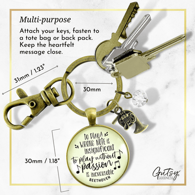 French Horn Keychain To Play A Wrong Note Is Insignificant Beethoven Quote Music Teacher Jewelry - Gutsy Goodness