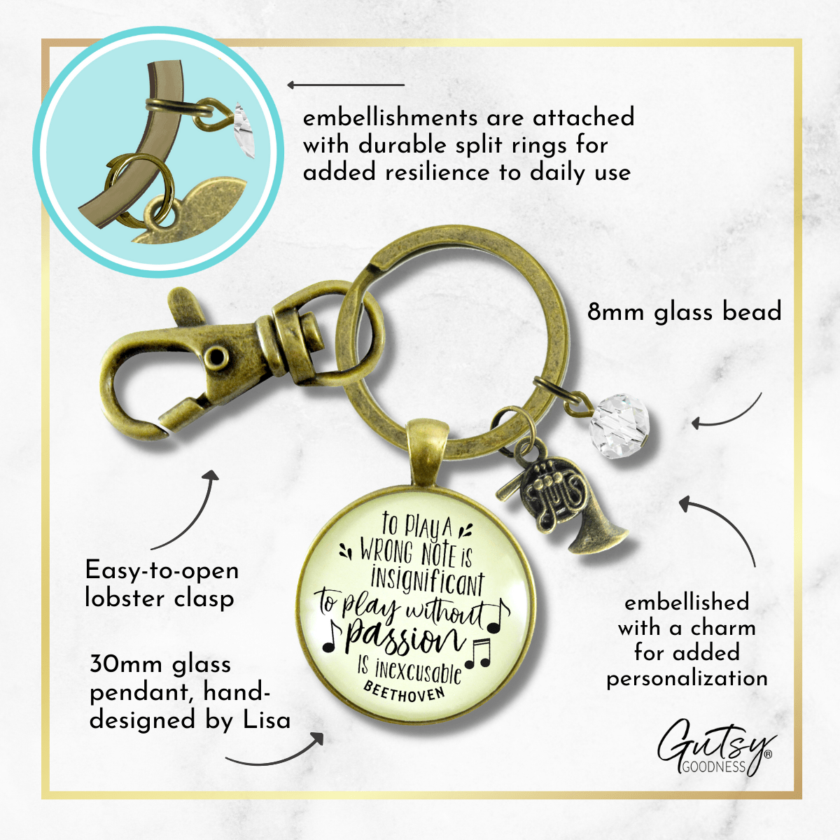 French Horn Keychain To Play A Wrong Note Is Insignificant Beethoven Quote Music Teacher Jewelry - Gutsy Goodness