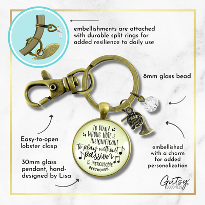 French Horn Keychain To Play A Wrong Note Is Insignificant Beethoven Quote Music Teacher Jewelry - Gutsy Goodness