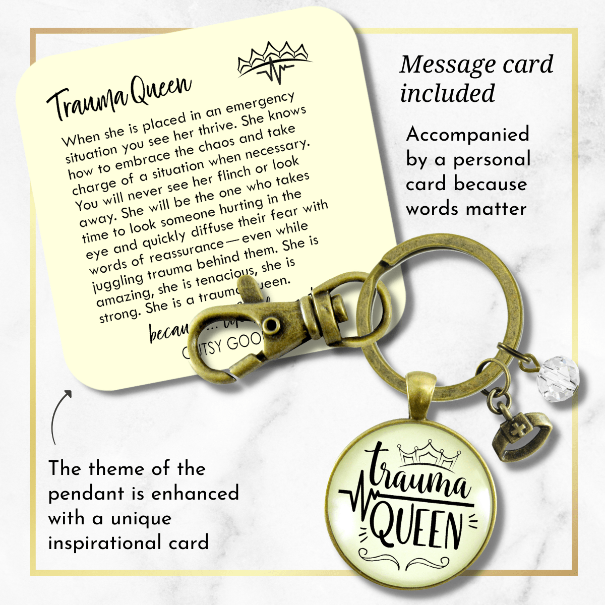 Trauma Queen Keychain Nurse Medical Assistant Funny Quote Jewelry - Gutsy Goodness