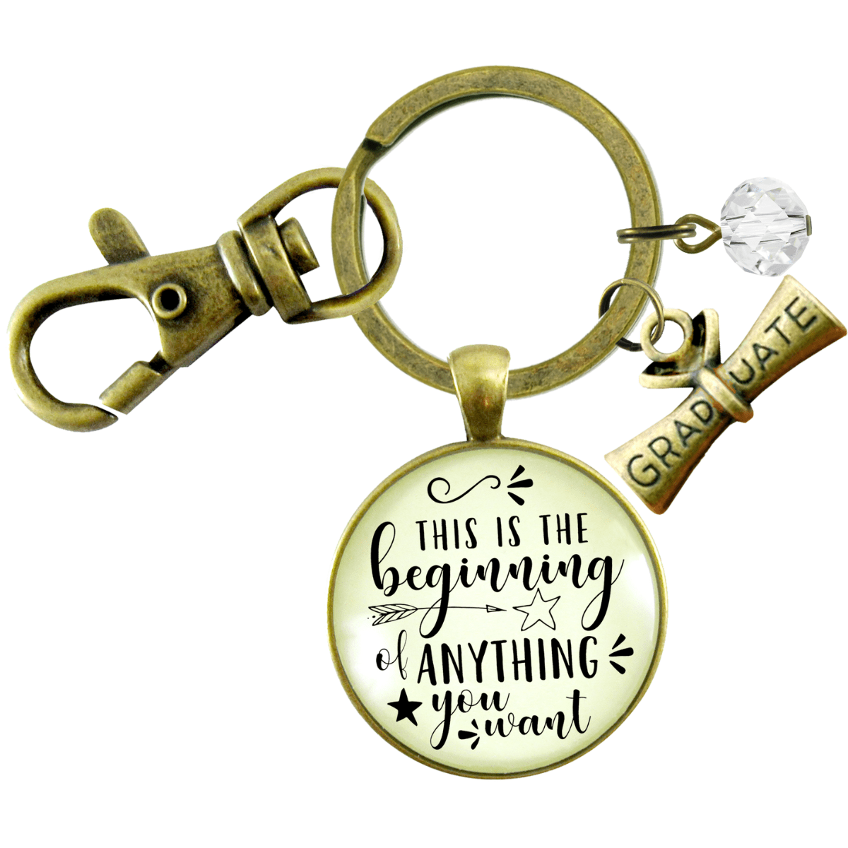 Graduation Keychain This Is The Beginning Of Anything Bold Life Quote Symbolic Diploma Jewelry - Gutsy Goodness