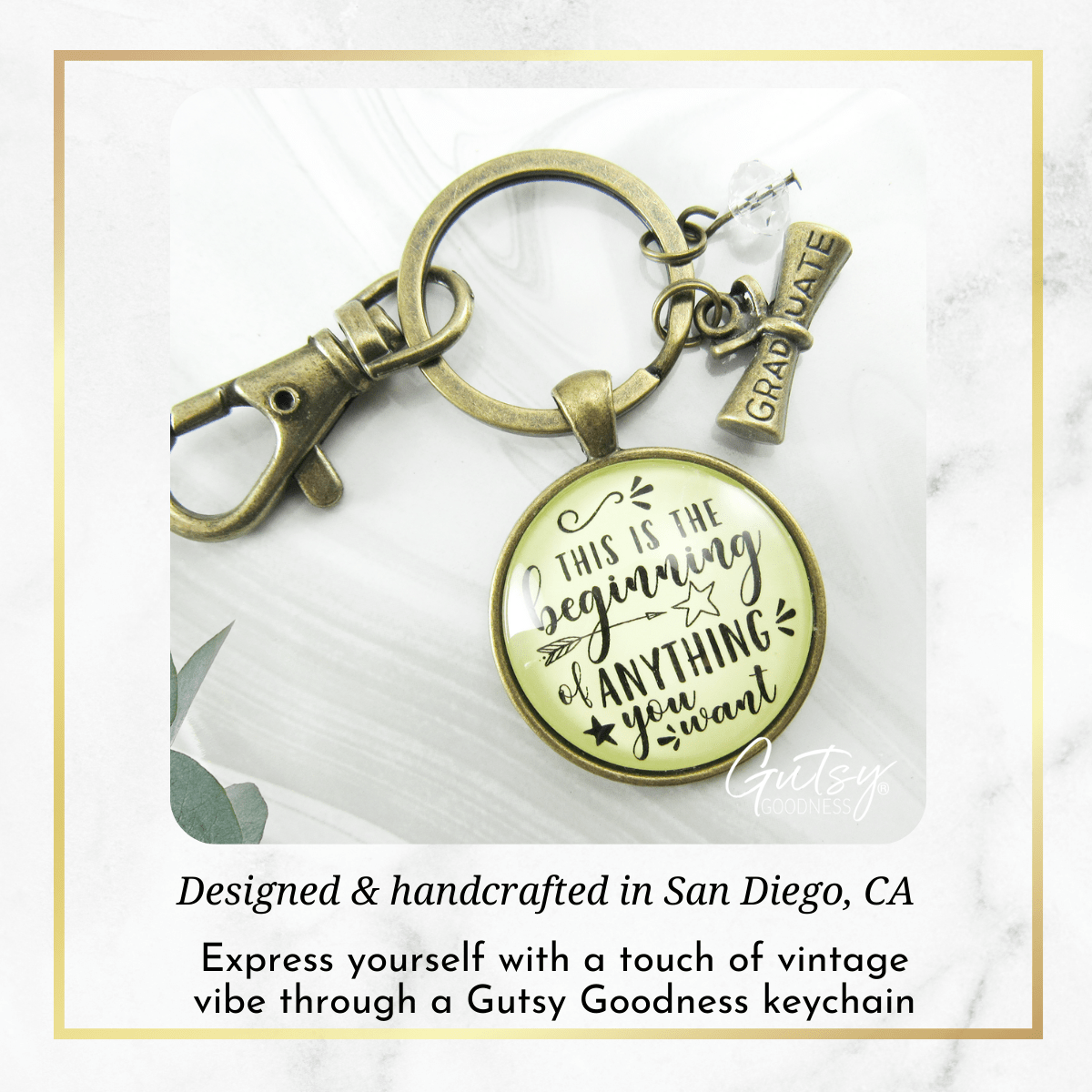 Graduation Keychain This Is The Beginning Of Anything Bold Life Quote Symbolic Diploma Jewelry - Gutsy Goodness