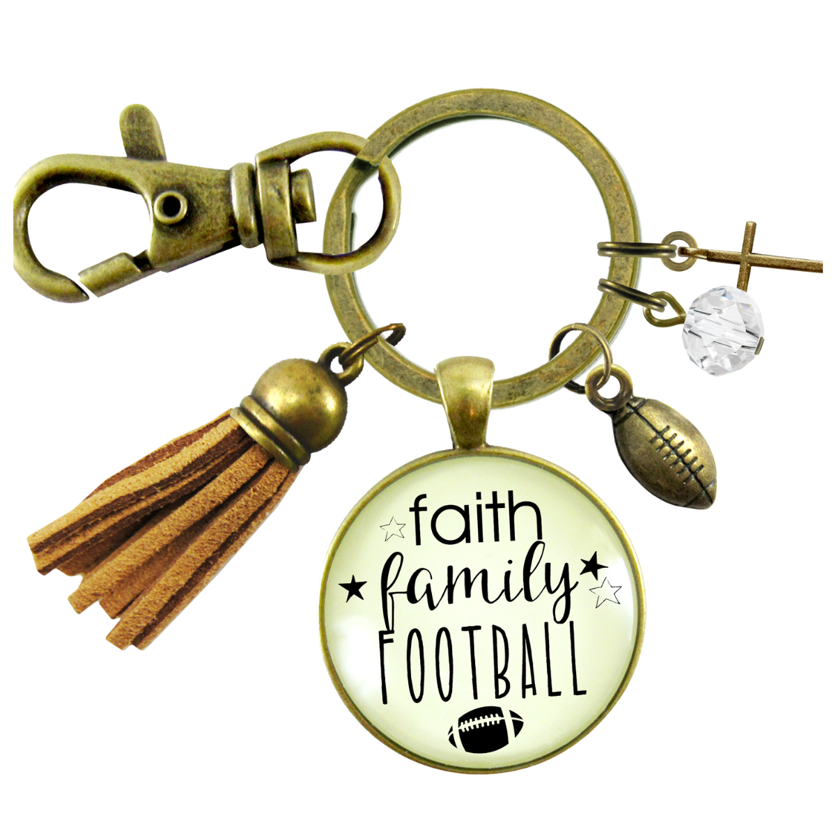 Faith Family Football Keychain Sports Themed Rustic Jewelry For Women Cross Ball Tassel Gift - Gutsy Goodness