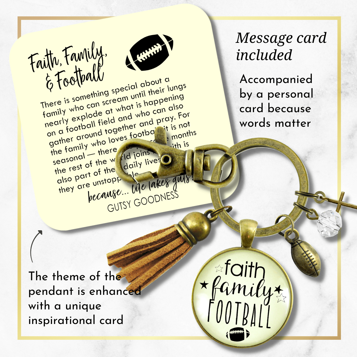 Faith Family Football Keychain Sports Themed Rustic Jewelry For Women Cross Ball Tassel Gift - Gutsy Goodness