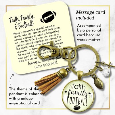 Faith Family Football Keychain Sports Themed Rustic Jewelry For Women Cross Ball Tassel Gift - Gutsy Goodness