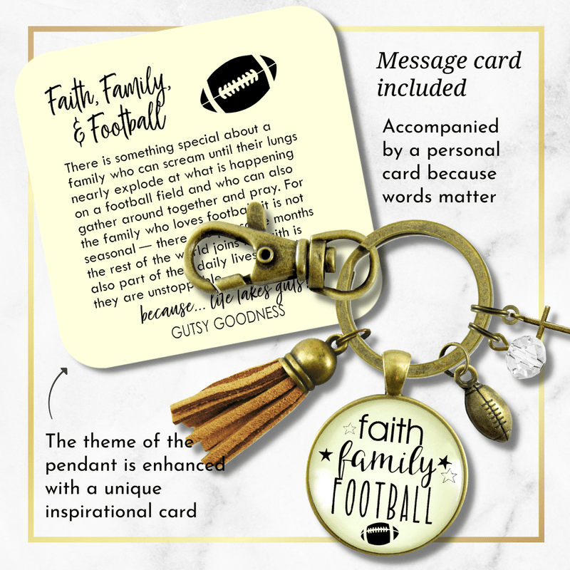 Faith Family Football Keychain Sports Themed Rustic Jewelry For Women Cross Ball Tassel Gift - Gutsy Goodness