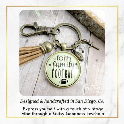 Faith Family Football Keychain Sports Themed Rustic Jewelry For Women Cross Ball Tassel Gift - Gutsy Goodness