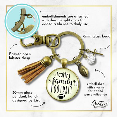 Faith Family Football Keychain Sports Themed Rustic Jewelry For Women Cross Ball Tassel Gift - Gutsy Goodness