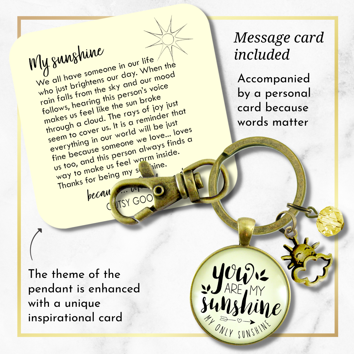 You Are My Sunshine Keychain Style Friendship Pendant Jewelry Inspired Sun Charm   - Gutsy Goodness Handmade Jewelry