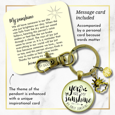 You Are My Sunshine Keychain Style Friendship Pendant Jewelry Inspired Sun Charm   - Gutsy Goodness Handmade Jewelry