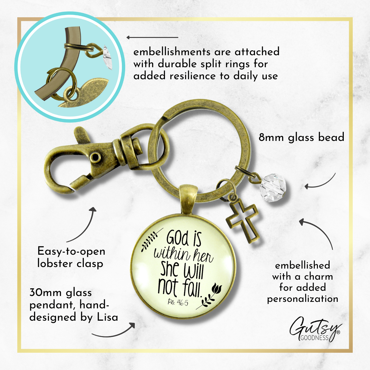 God is Within Her Charm Keychain She Will Not Fall Woman of Faith Pendant Charm Gift - Gutsy Goodness;God Is Within Her Charm Keychain She Will Not Fall Woman Of Faith Pendant Charm Gift - Gutsy Goodness Handmade Jewelry Gifts