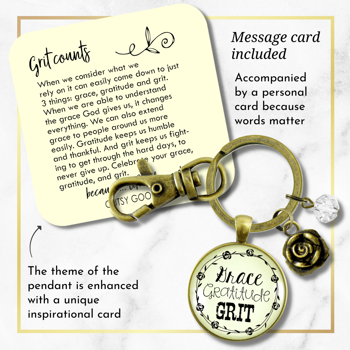 Grace Gratitude Grit Keychain Southern Country Inspired Rose Jewelry For Women - Gutsy Goodness