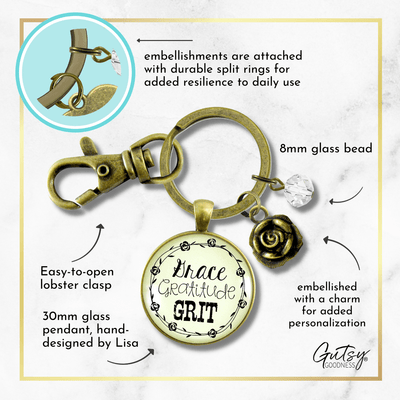 Grace Gratitude Grit Keychain Southern Country Inspired Rose Jewelry For Women - Gutsy Goodness
