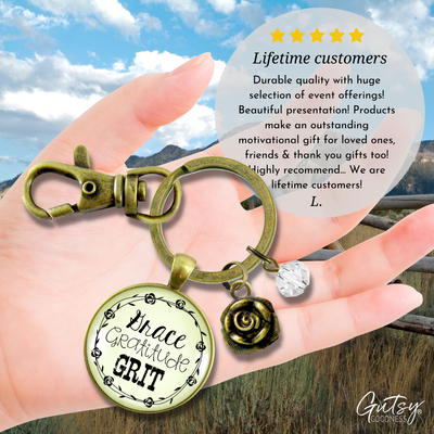 Grace Gratitude Grit Keychain Southern Country Inspired Rose Jewelry For Women - Gutsy Goodness