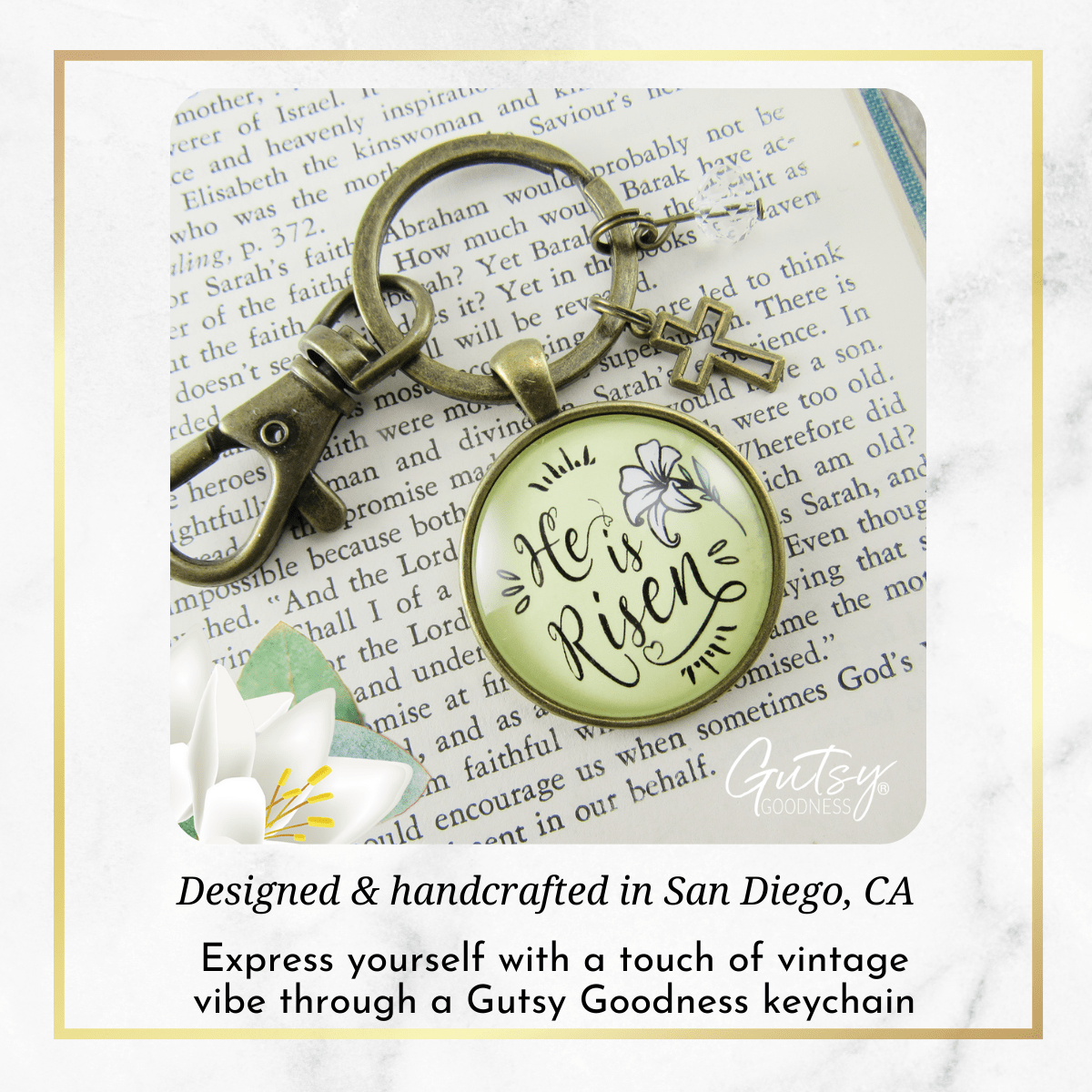 Faith Keychain He Is Risen! Faith Easter Inspired Vintage White Lily Jewelry For Women - Gutsy Goodness