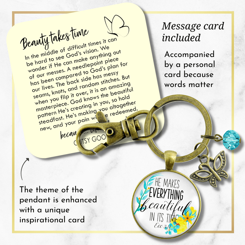 He Makes Everything Beautiful Keychain Watercolor Faith Butterfly Jewelry For Women - Gutsy Goodness