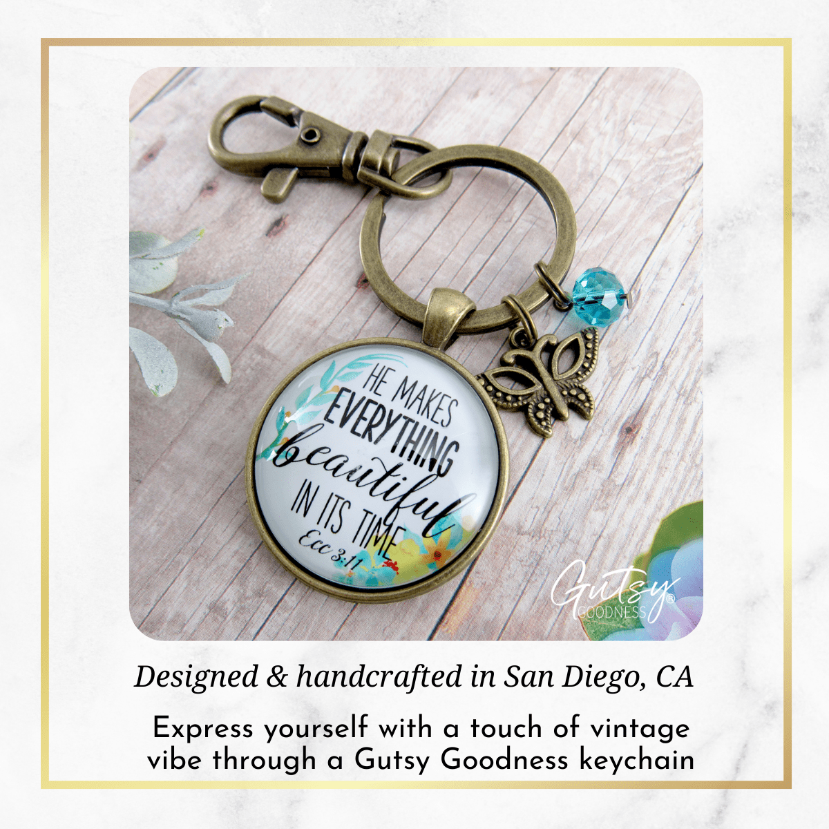 He Makes Everything Beautiful Keychain Watercolor Faith Butterfly Jewelry For Women - Gutsy Goodness