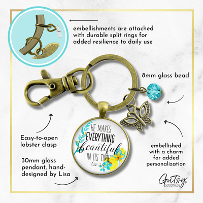 He Makes Everything Beautiful Keychain Watercolor Faith Butterfly Jewelry For Women - Gutsy Goodness