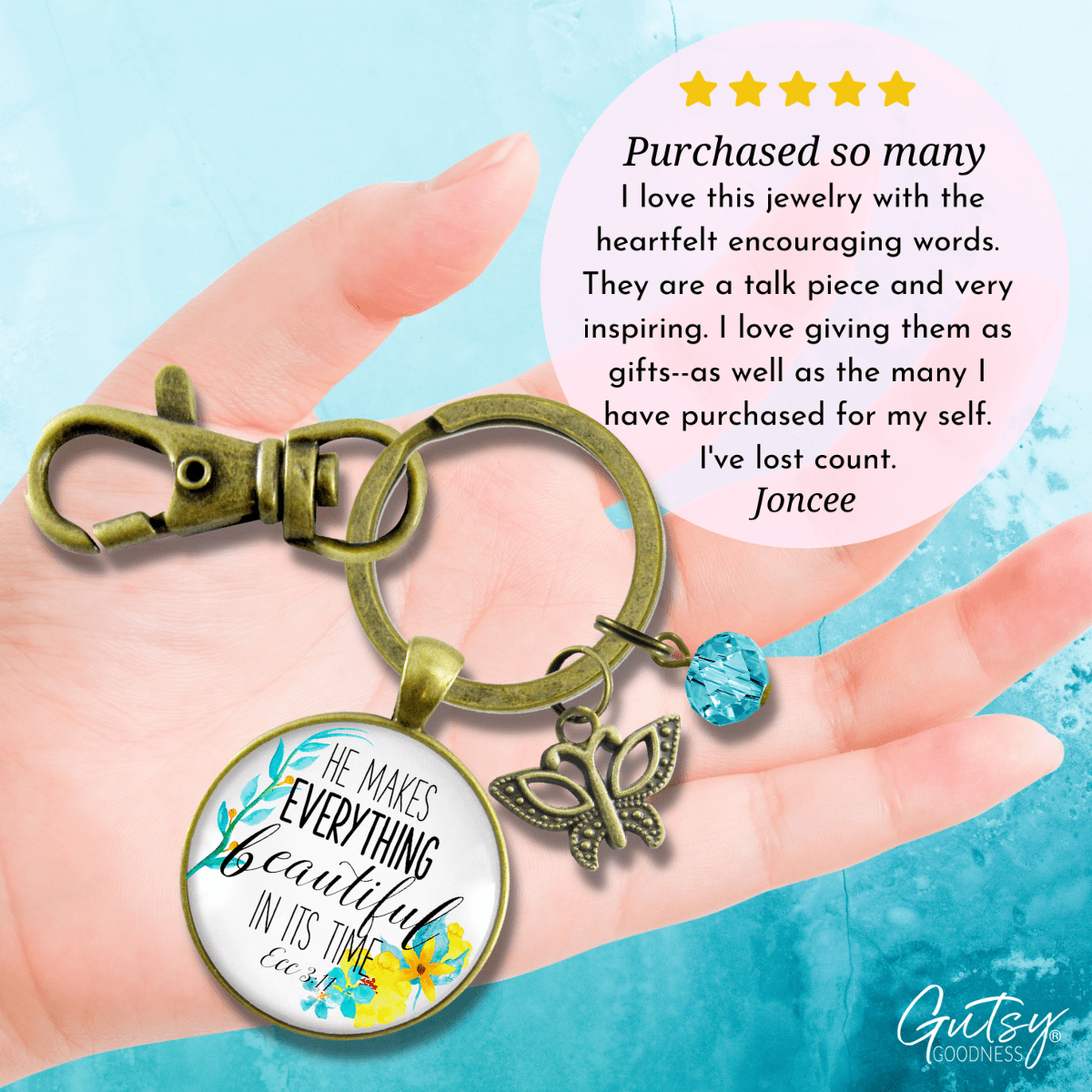 He Makes Everything Beautiful Keychain Watercolor Faith Butterfly Jewelry For Women - Gutsy Goodness