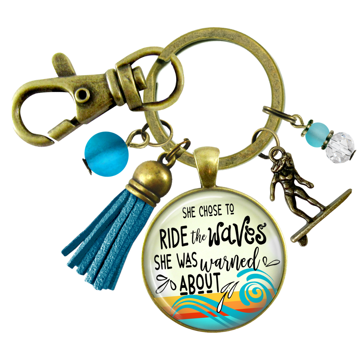 Surfer Girl Keychain She Rides The Waves They Warn Her About Motivation Life Mantra Tassel Charm  Keychain - Women - Gutsy Goodness Handmade Jewelry
