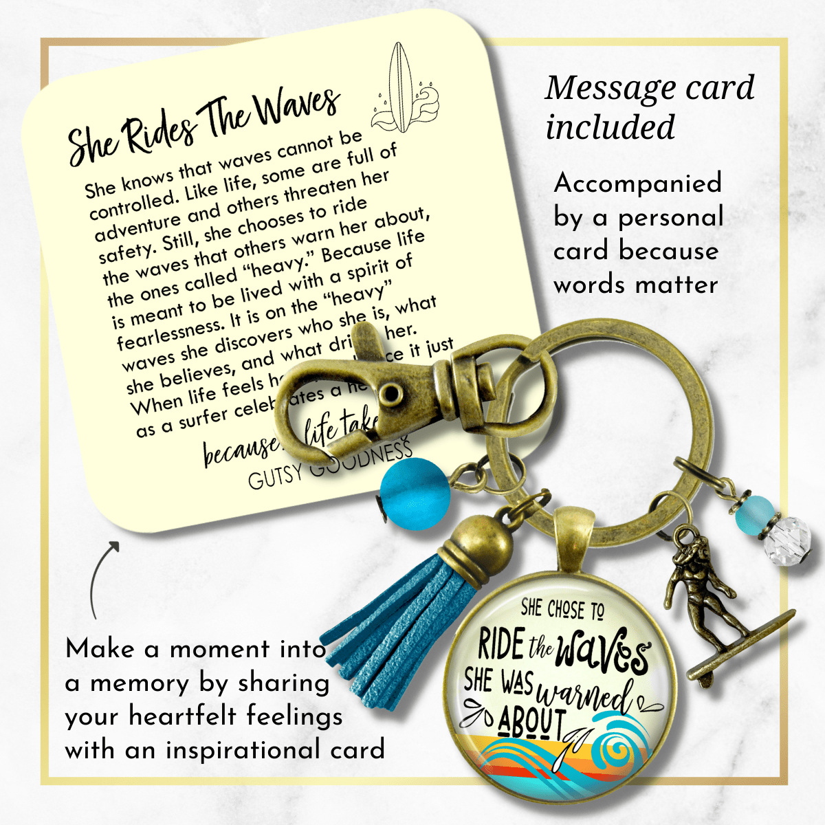 Surfer Girl Keychain She Rides The Waves They Warn Her About Motivation Life Mantra Tassel Charm  Keychain - Women - Gutsy Goodness Handmade Jewelry