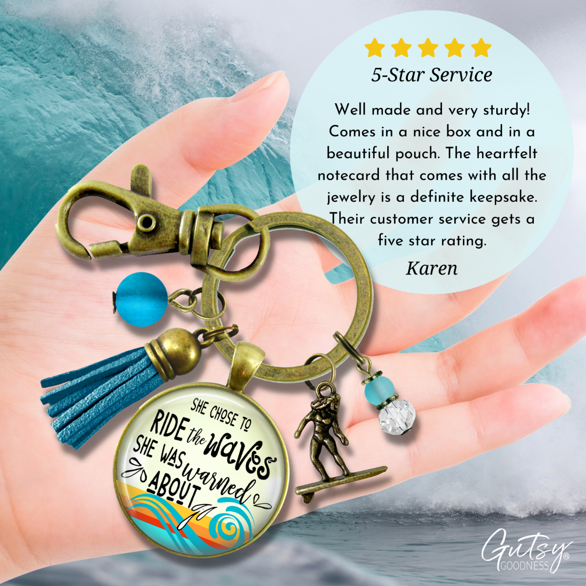 Surfer Girl Keychain She Rides The Waves They Warn Her About Motivation Life Mantra Tassel Charm  Keychain - Women - Gutsy Goodness Handmade Jewelry