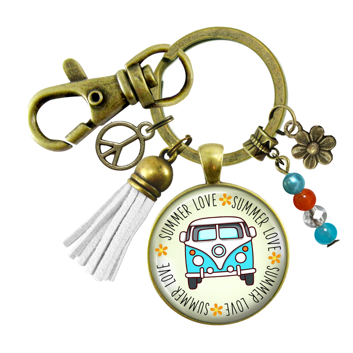 Summer Love Vintage Van Tassel Keychain Free Spirit Camper Bus Theme 70s Retro Charm Peace Boho Gift  Keychain - Women - Gutsy Goodness Handmade Jewelry