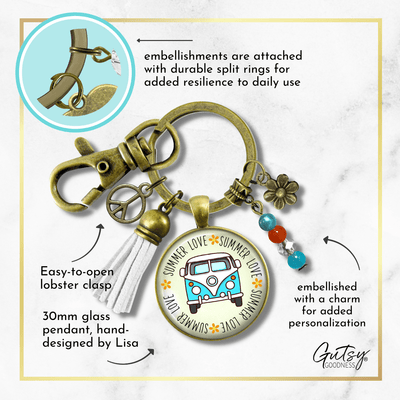 Summer Love Vintage Van Tassel Keychain Free Spirit Camper Bus Theme 70s Retro Charm Peace Boho Gift  Keychain - Women - Gutsy Goodness Handmade Jewelry