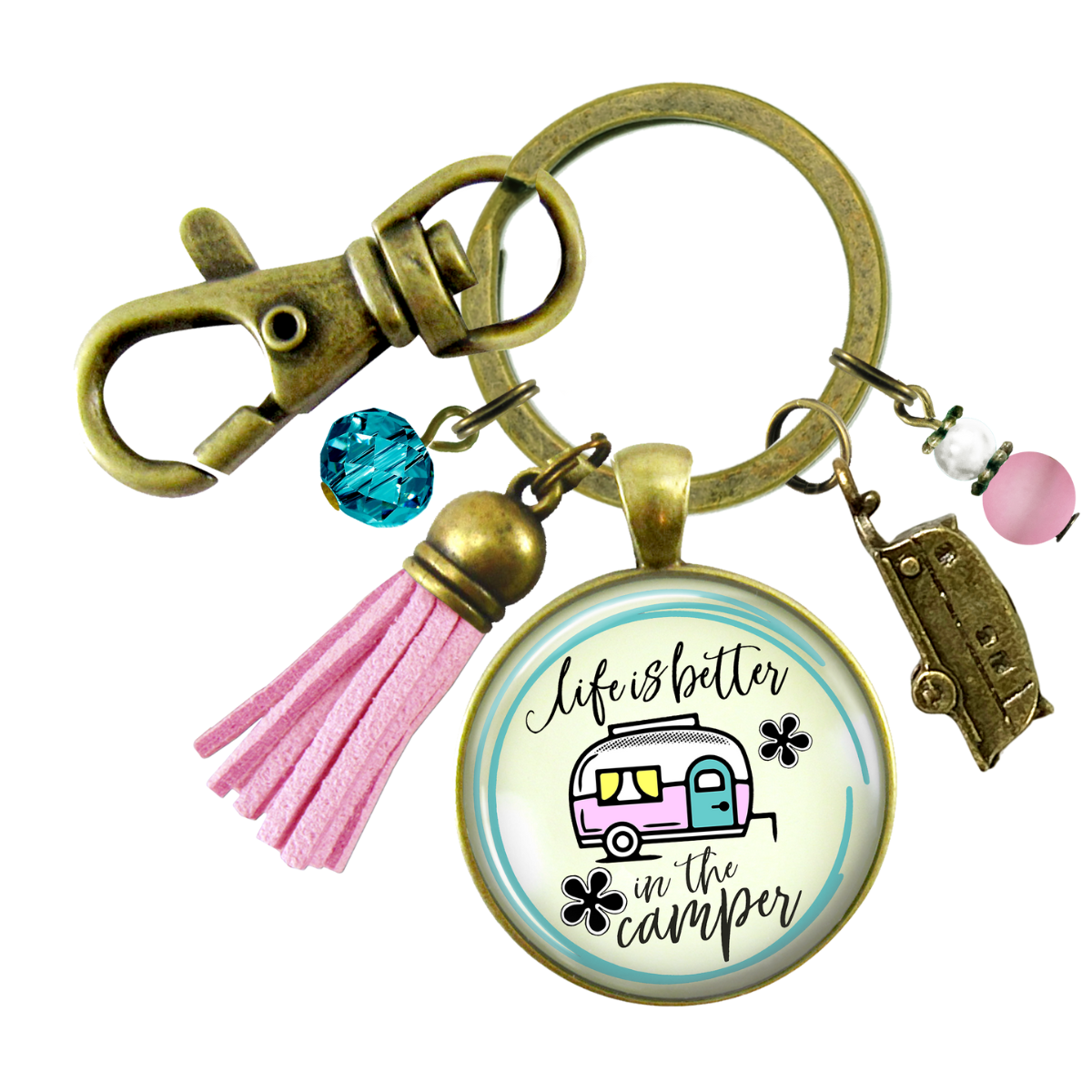 camper schlüsselanhänger Camper Keychain Life Is Better Happy Camping Retro Theme Trailer RV Charm Boho Chic Pink Tassel
