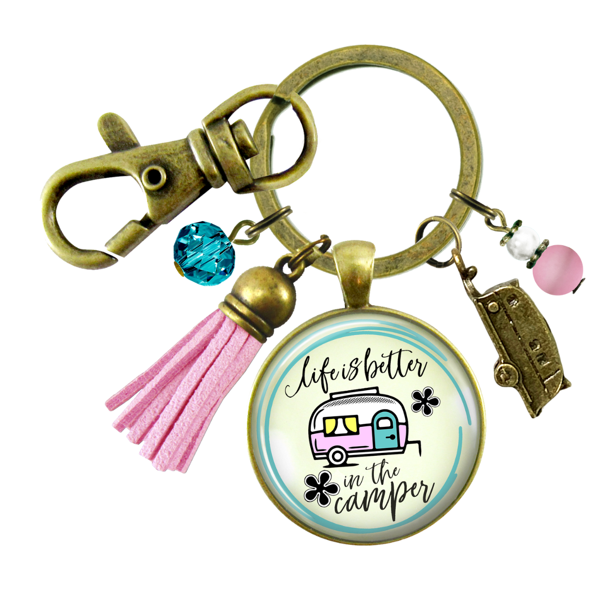 Camper Keychain Life Is Better Happy Camping Retro Theme Trailer RV Charm Boho Chic Pink Tassel  Keychain - Women - Gutsy Goodness Handmade Jewelry