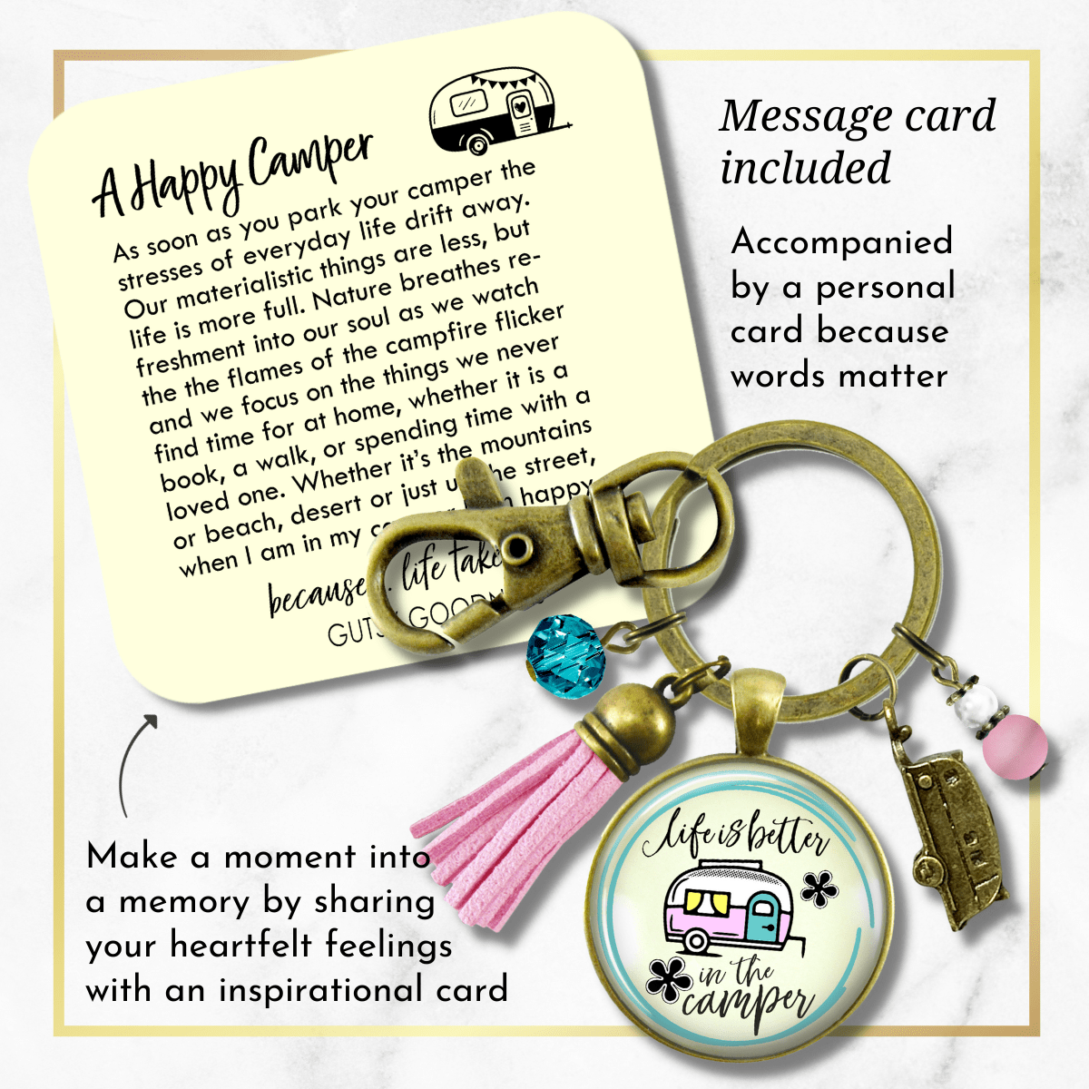 Camper Keychain Life Is Better Happy Camping Retro Theme Trailer RV Charm Boho Chic Pink Tassel  Keychain - Women - Gutsy Goodness Handmade Jewelry