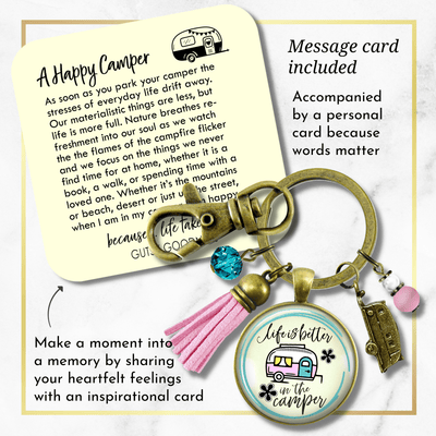 Camper Keychain Life Is Better Happy Camping Retro Theme Trailer RV Charm Boho Chic Pink Tassel  Keychain - Women - Gutsy Goodness Handmade Jewelry