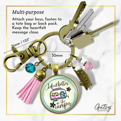 Camper Keychain Life Is Better Happy Camping Retro Theme Trailer RV Charm Boho Chic Pink Tassel  Keychain - Women - Gutsy Goodness Handmade Jewelry