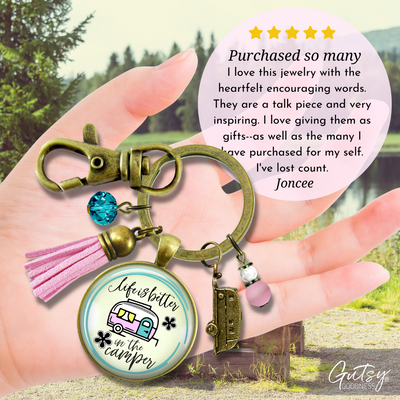 Camper Keychain Life Is Better Happy Camping Retro Theme Trailer RV Charm Boho Chic Pink Tassel  Keychain - Women - Gutsy Goodness Handmade Jewelry