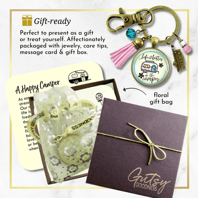 Camper Keychain Life Is Better Happy Camping Retro Theme Trailer RV Charm Boho Chic Pink Tassel  Keychain - Women - Gutsy Goodness Handmade Jewelry