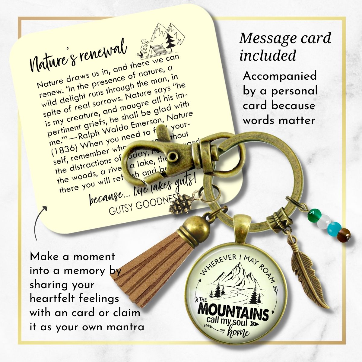 Handmade Gutsy Goodness Jewelry Wherever I Roam The Mountains Call My Soul Home Keychain Boho Jewelry Tassel Charm & Message Card