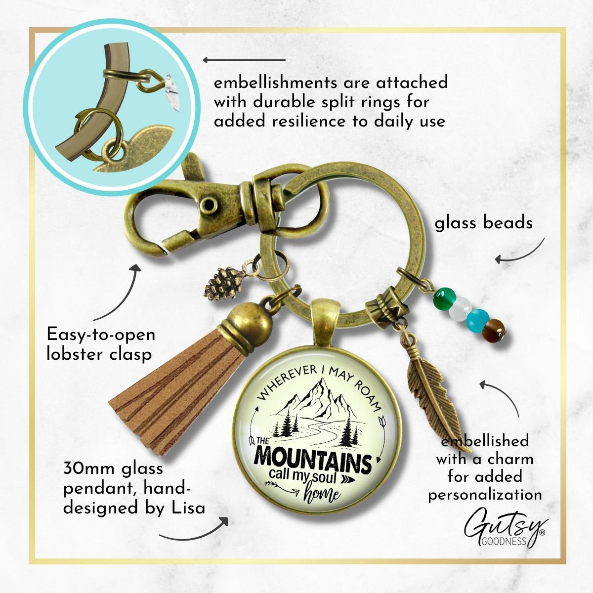 Handmade Gutsy Goodness Jewelry Wherever I Roam The Mountains Call My Soul Home Keychain Boho Jewelry Tassel Charm & Message Card